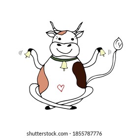 Cow, bull, calf with a bell. Vector illustration.