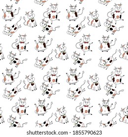 Cow, bull, calf in different poses with a bell. Seamless pattern. Vector illustration.
