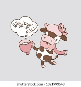 Cow, bull with a Cup of milk. Fun vector illustration.Symbol of 2021.