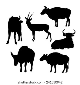 Cow, bull and deer black silhouette on white background. vector