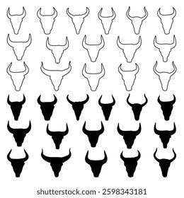 Cow or bull head black silhouette and line art icons isolated on a white background.
