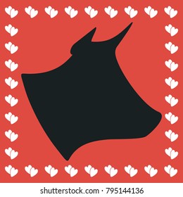 Cow, bull head icon flat. Simple black pictogram on red background with white hearts for valentines day. Vector illustration symbol