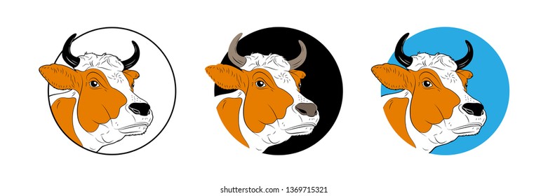 Cow bull head isolated on white background. Milk, dairy, cheese, curd, yogurt logo. Butchery sign. Beef, farm symbol. Black and white emblem, symbol, Stamp. Vector stencil illustration. Sketch. 