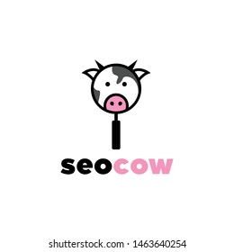 cow bull head logo design with a magnifying glass for SEO. Simple, unique, clean logo design vector symbol mascot character icon illustration inspiration