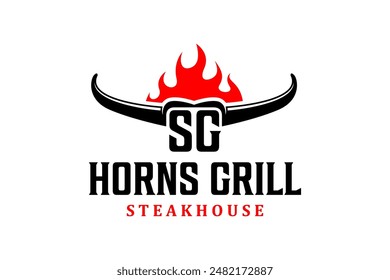 Cow bull horn bbq steak flame fire logo design