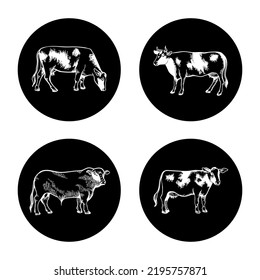 Cow and bull icon set, white linear icons on black. For packaging of dairy and meat products, milk and beef.