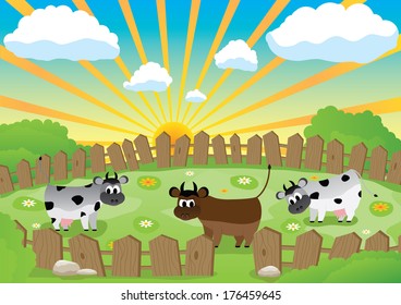 Cow and bull on a green meadow 