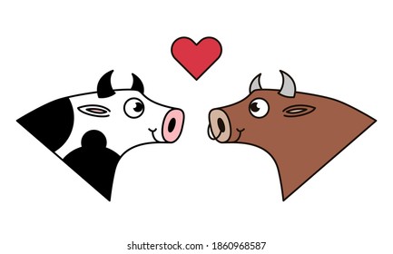 Cow and bull with red heart. Loving couple of mammal