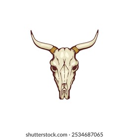 Ilustração do vetor desenhado à mão do crânio de vaca ou touro. Focinho animal com chifres braincase escultura óssea. Ícone do tema gótico americano. Símbolo esotérico e oculto. Cabeça de mamífero morto isolada