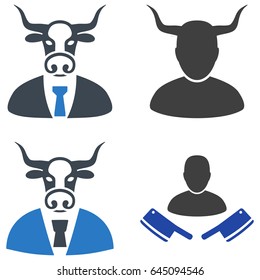 Cow Butcher flat vector pictograph set. An isolated icons on a white background.