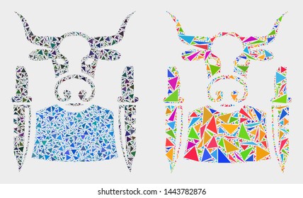Cow butcher mosaic icon of triangle items which have variable sizes and shapes and colors. Geometric abstract vector design concept of cow butcher.