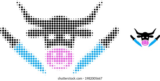 Cow butchery halftone dot icon illustration. Halftone array contains circle elements. Vector illustration of cow butchery icon on a white background. Flat abstraction for cow butchery symbol.