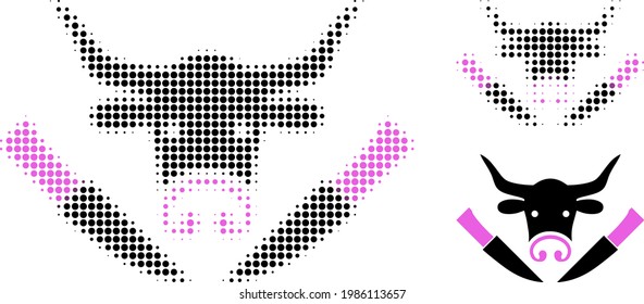 Cow butchery halftone dotted icon. Halftone pattern contains round dots. Vector illustration of cow butchery icon on a white background.