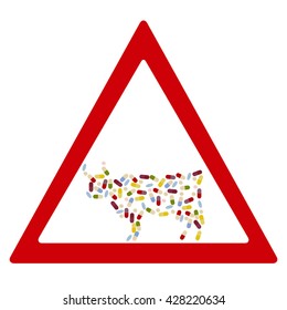 Cow by  drug pills in traffic forbidden sign concept. Vector illustration for antibiotic resistance, modern pharmacology in cattle breeding, excessive medication of domestic animals