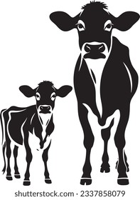 Cow with calf, Basic simple Minimalist vector graphic, isolated on white background, black and white svg