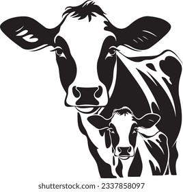 Cow with calf, Basic simple Minimalist vector graphic, isolated on white background, black and white