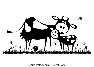Cow with calf. Black and white vector silhouettes.