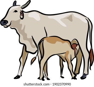 vaca con leche de ternera que bebe de leche de vaca madre ilustración de vaca vectorial