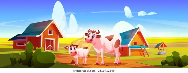 Vaca y ternero en el campo de la granja. Ilustración de dibujos animados de Vector de madre y bebé animales pastando hierba verde en el rancho, escalera de madera cerca de la casa y el granero, pila de heno, nubes en cielo azul soleado, tierras de cultivo de verano