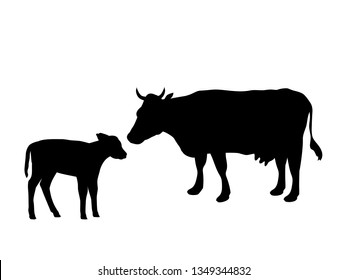 Cow And Calf Farm Mammal Black Silhouette Animal.