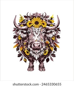 cow, calf, flowers, long horns, thick beard, wool, brown, white, textured appearance, yellow flowers, white flowers, dark centers, nature, animal, light yellow background, specks, bull, flowers 