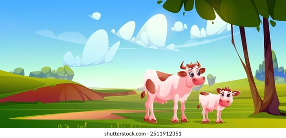 Vaca com bezerro pastam em pastagem com grama verde e árvores em colinas sob céu azul com nuvem branca no dia ensolarado de verão. Vetor de desenhos animados paisagem de pastagem rural com gado leiteiro doméstico