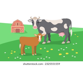 Cow and calf grazing in the summer flower meadow. Farm barn in the distance. Free range cattle, eco farming concept. Flat stylized illustration