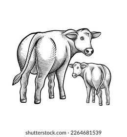 Cow and calf isolated on white background. Hand drawn engraving vector illustration