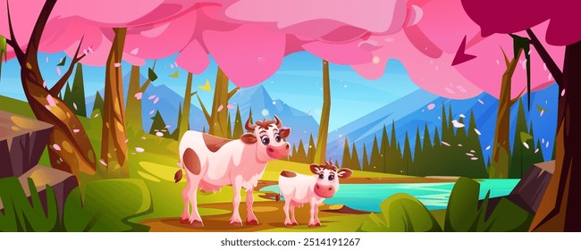 Cow and calf in mountain valley. Vector cartoon illustration of mother and baby animals near lake, green grass on hill, garden with pink trees flying in air, fresh blue water in river, sunny blue sky