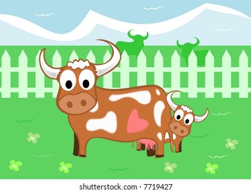 Cow and calf on the alp - vector.