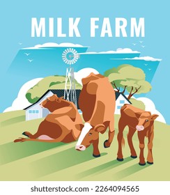 cow with calf on green meadow against farm house. Vector flat illustration. Agriculture, animal husbandry and farming.