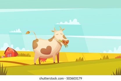 Cow and calf ranch farmland funny cartoon poster with farm house on background and grazing cattle vector illustration 