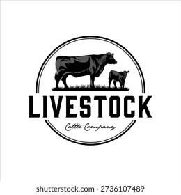 Cow and calf in a round badge with a classic design style