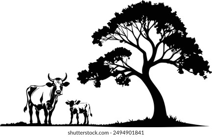 Vaca y ternera, Vaca - Clipart de escena - Escena de granja - Vacas, Ganadería - Vaquilla, Familia de ganado