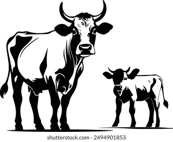 Vaca y ternera, Vaca - Clipart de escena - Escena de granja - Vacas, Ganadería - Vaquilla, Familia de ganado