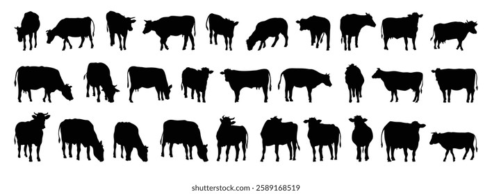 cow and calf silhouette set. cow and calf isolated farm animal silhouette icon vector collection. Vector illustration
