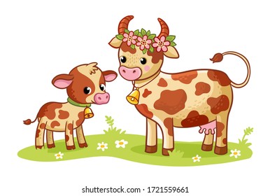 Cow With A Calf Is Standing In A Green Meadow. Vector Illustration In Cartoon Style On A Farm Theme. Children's Illustration With Mom And Baby.