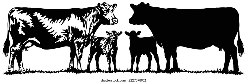 cow and calf Vector die cut silhouettes isolated on white