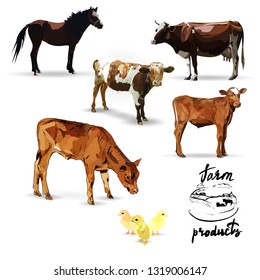 cow and calf vector illustration farm products set