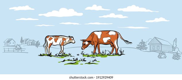 Cow with calf walking on the lawn in the background of the village. Clouds in the sky. Stylish horizontal illustration in a delicate blue color. For packaging design. Vector.
