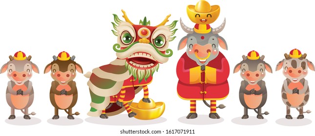 Cow and Calfs personality. Chinese style. Red cheongsam dress. Bull zodiac symbol of the year 2021. Year of the ox. gestures and smiling. Cute cartoon style. Cow holding gold. Vector illustration.