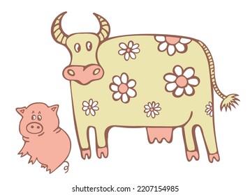 Cow in camomiles and little pig. Cute domestic animals. Doodle vector illustration isolated on white background.