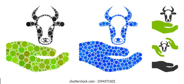 Cow care hand composition of round dots in variable sizes and color hues, based on cow care hand icon. Vector round dots are composed into blue composition.