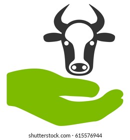 Cow Care Hand vector icon. Flat bicolor eco green and gray symbol. Pictogram is isolated on a white background. Designed for web and software interfaces.