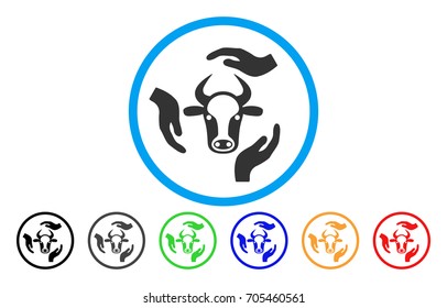 Cow Care Hands vector rounded icon. Image style is a flat gray icon symbol inside a blue circle. Additional color versions are grey, black, blue, green, red, orange.