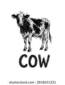 Cow with a careless line of the pen . Hand drawn. Not AI, vector illustration
