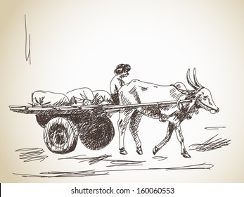 Cow carries a cart and man Hand drawn