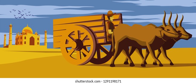 cow cart move pass Taj Mahal landmark of India,lifestyle of Indian,vintage color,vector illustration