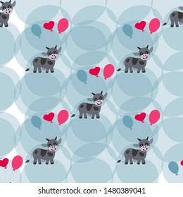 Cow cartoon with balloons on the background of blue transparent objects . Vector creative illustration, seamless pattern.