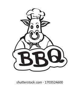 Cow cartoon with beef steak Cow cartoon with beef steak black and white vector illustration logo